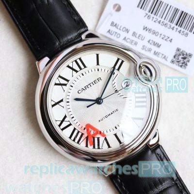 Buy Online High Quality Copy Cartier Ballon Bleu de White Dial Black Leather Strap Men's Watch